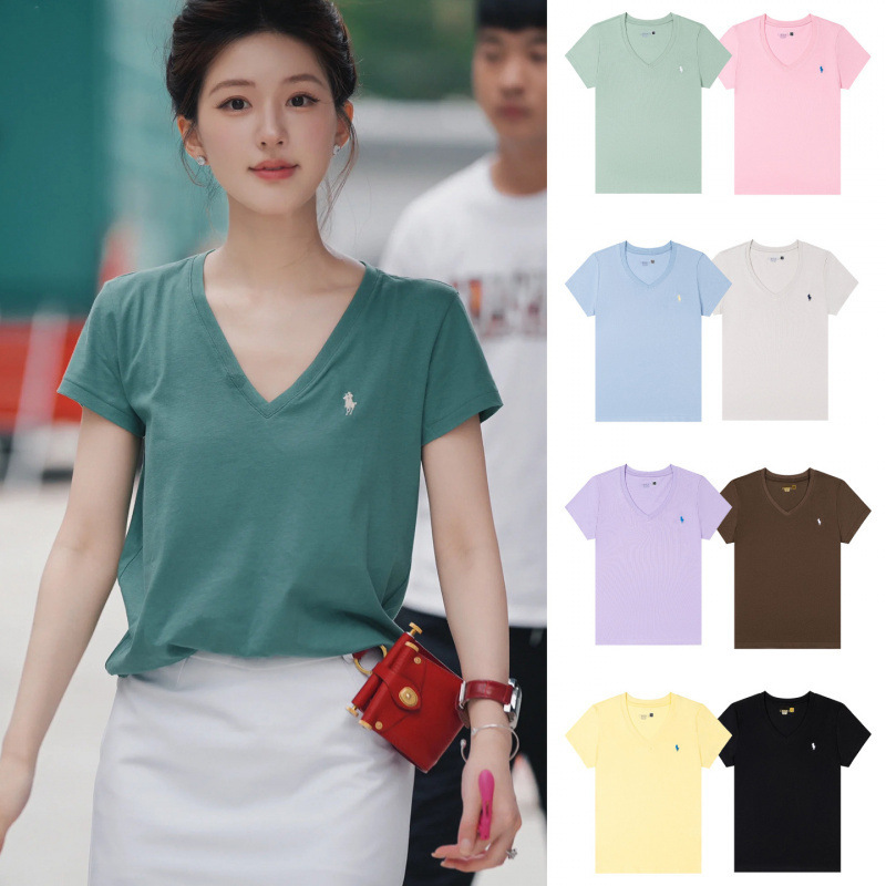 Scannable/High Quality RL Ralph Lauren Short Sleeve Summer Classic Pony Embroidery V-Neck Pure Cotton Unisex T-Shirt