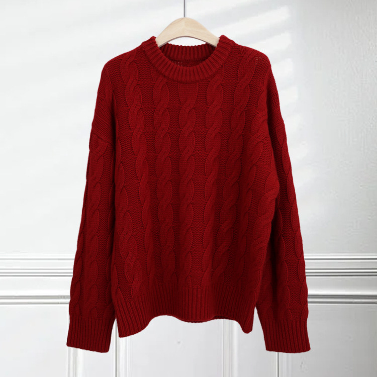 무거운 게으른 스타일 크루 넥 긴팔 스웨터 두껍게 꼬인 양모 스웨터 풀오버 느슨한 아웃웨어 여성용 레트로 니트 스웨터