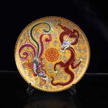 古玩杂项做旧仿古粉彩龙凤图纹赏盘摆件瓷器工艺品新中式家居装饰