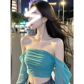 2025夏直播衣服女主播一字肩网纱长袖褶皱短款上衣女修身显瘦精致