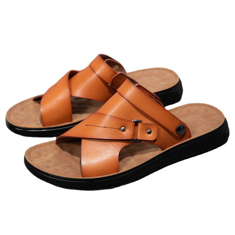 Dép sandal nam quai ngang hở ngón hai chiều chống trượt, chất liệu siêu sợi thoáng khí — Màu xanh lam, Nâu vàng, Nâu Đen, Nâu đậm
