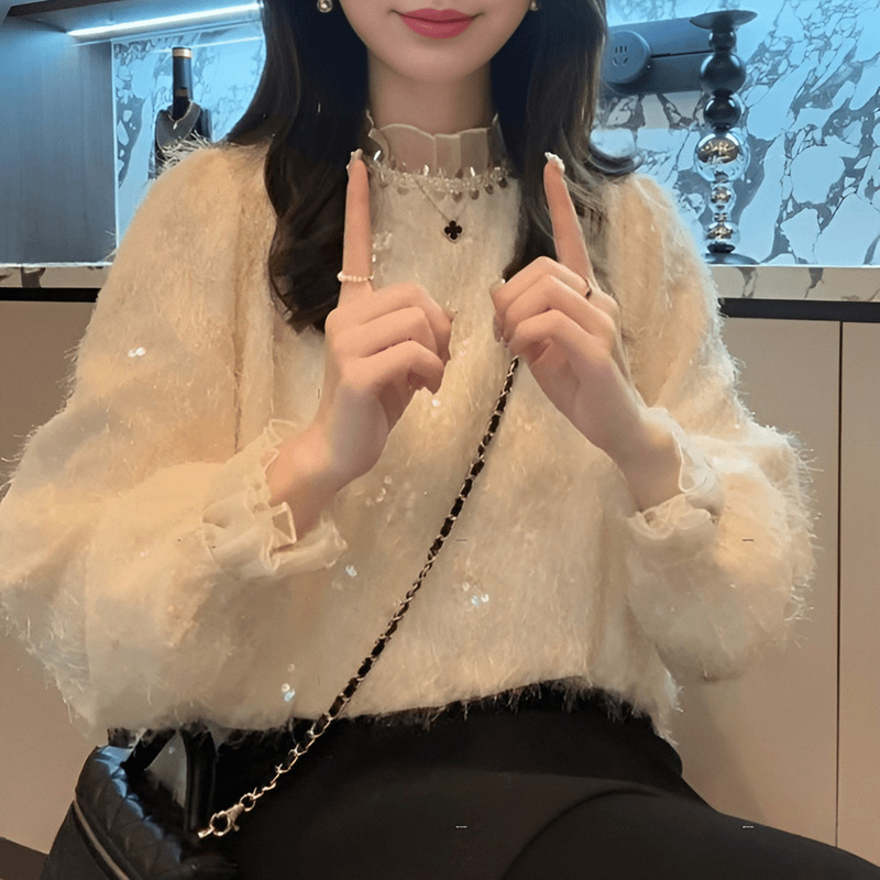 Stylish sequined white long-sleeved shirt for women, new autumn/winter collection, light luxury French-style base layer top Stylish sequined white long-sleeved shirt for women, new autumn/winter collection, light luxury French-style base layer top