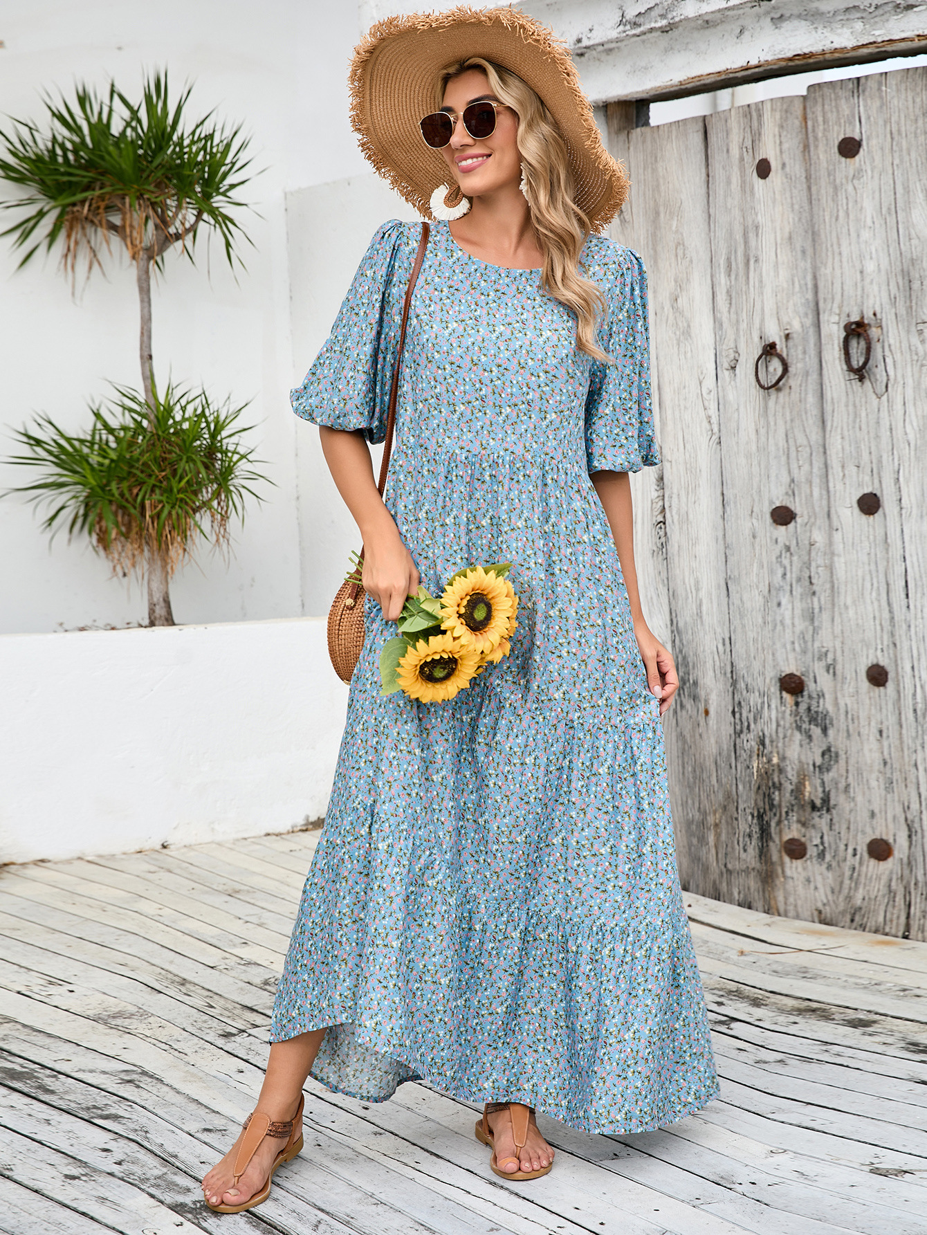 European And American Cross-border Foreign Trade Middle Eastern Robe, Loose-fitting Round-neck Mid-sleeve Dress,_ecoleips.com