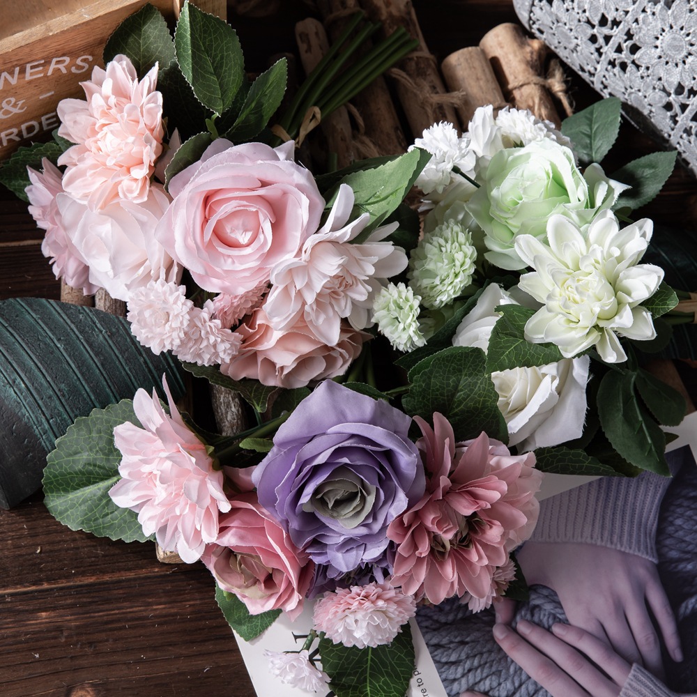 廠家玫瑰束批發 大麗花仿真花外貿假花出口婚慶家居裝飾品GF15538