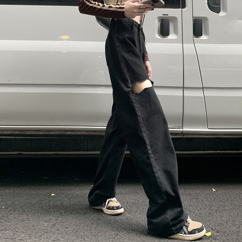 Black Ripped Denim Women's High Street Straight-Leg 2026 Summer Thin Loose Drape High-Waisted Wide-Leg Floor-Length Trendy Pants Black Ripped Denim Women's High Street Straight-Leg 2026 Summer Thin Loose Drape High-Waisted Wide-Leg Floor-Length Trendy Pants