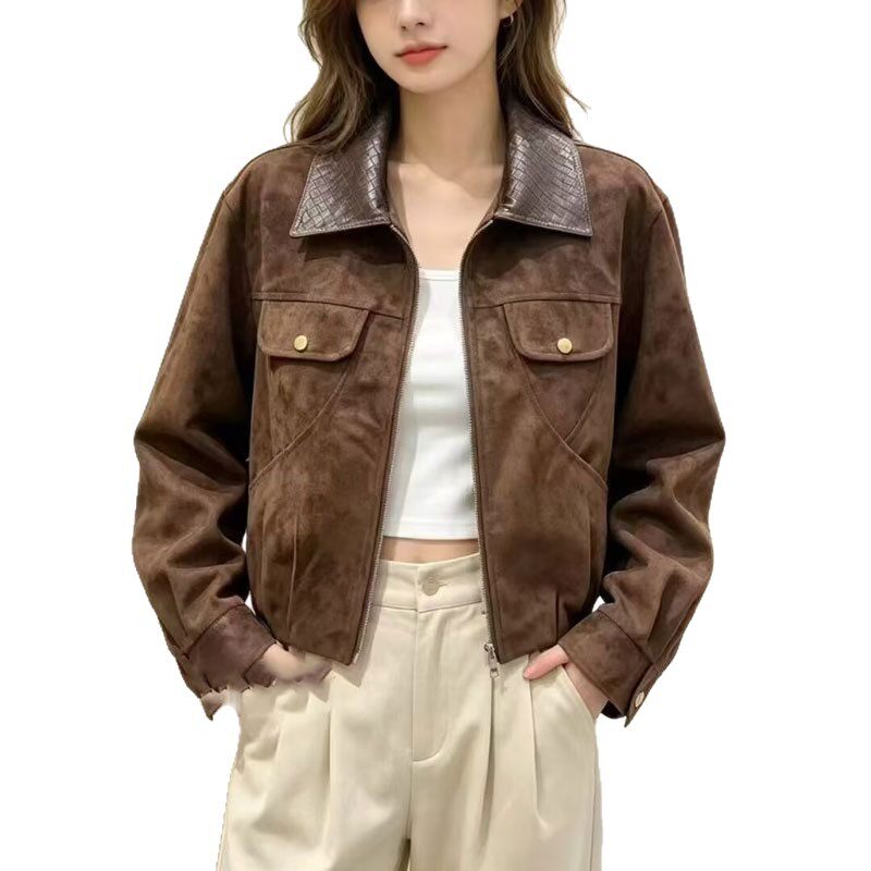 Áo khoác ngắn nữ cổ bẻ dáng rộng phong cách thanh lịch công sở — Màu kaki (bản cao cấp), Màu nâu cà phê (bản cao cấp)