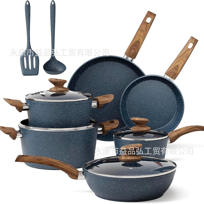 Juego de ollas domésticas transfronterizas, olla antiadherente de piedra médica, juego de olla de aluminio, cocina de inducción de 12 piezas, universal