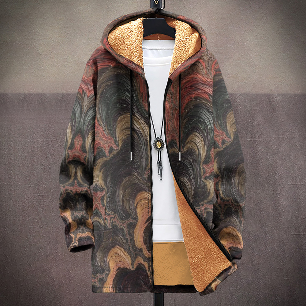 New men's multi pattern cotton jacket with plush insulation 3D printed hooded cardigan zipper pocket thickened British_voghion.com
