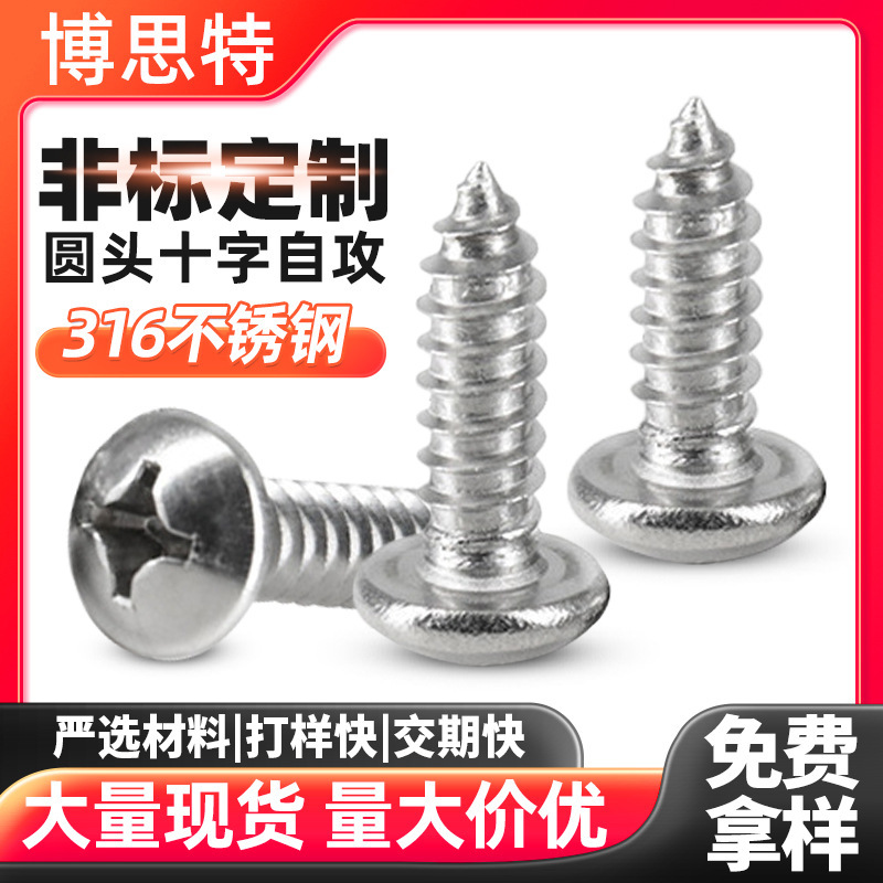 Guangdong Manufacturer 316 Stainless Steel Cross Round Head Self-Tapping Screws, Pan Head Pointed Tail Self-Tapping Small Screws, Customizable