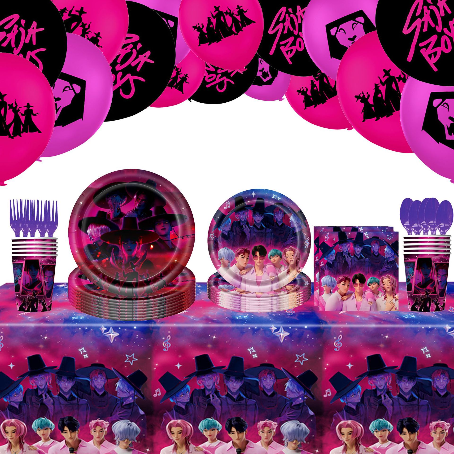 New Demon Slayer Boys Group Theme Party Birthday Arrangement Decorations Tableware Shaggy Boys Group Paper Plate Paper Cup Flag