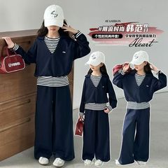 网红女童春秋时髦拼接条纹假两件卫衣秋装中大童宽松阔腿裤两件套