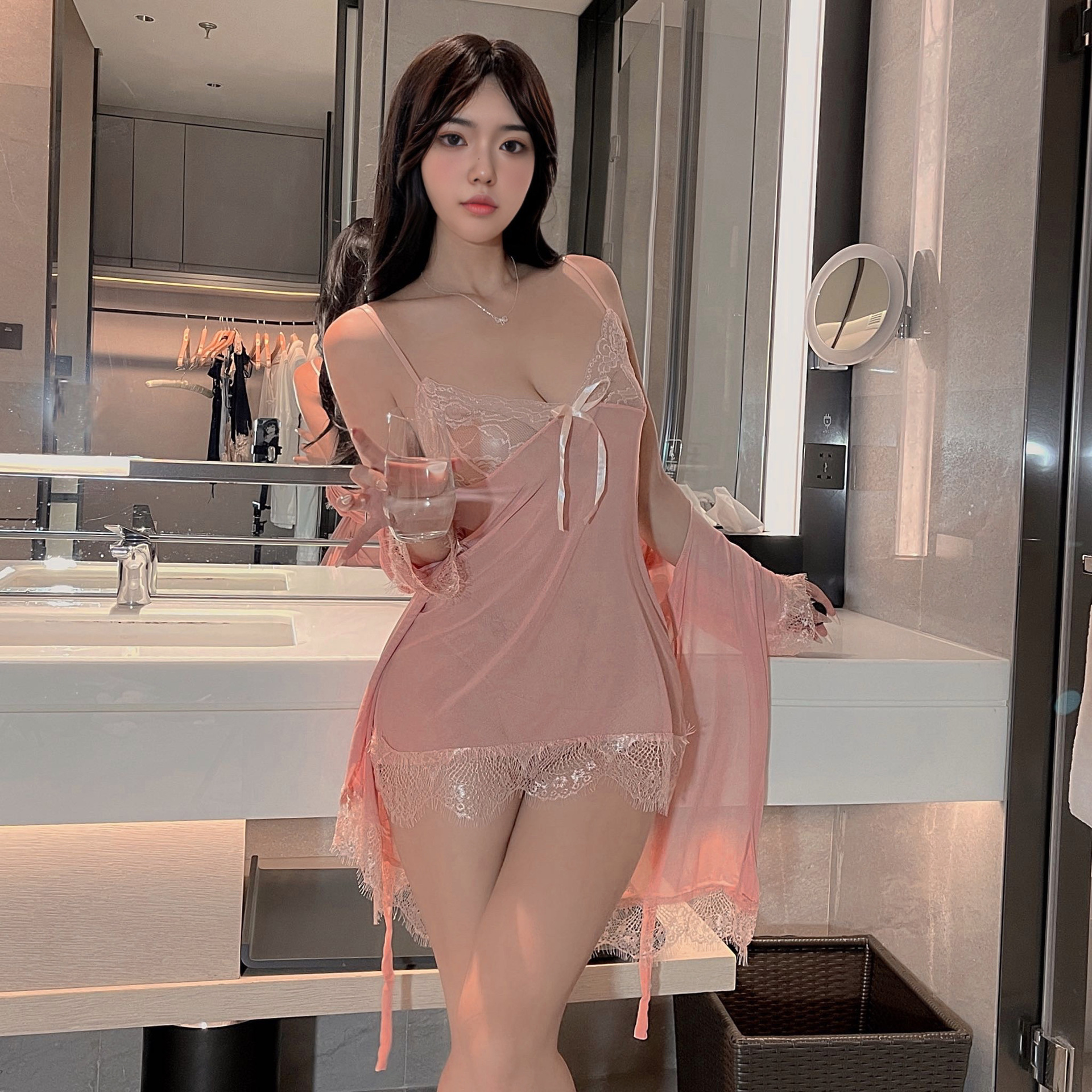 핑크 [파자마+파자마+벨트+속옷]