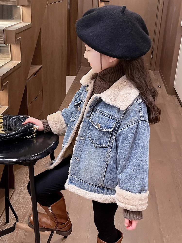 Chaqueta vaquera de invierno para niñas, estilo coreano, holgada, con forro polar, nueva colección 2025, prenda superior gruesa para bebés, a la moda.
