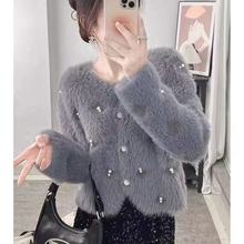 仿水貂绒针织开衫2025春秋新款加厚毛衣外套小众重工钉珠短款上衣