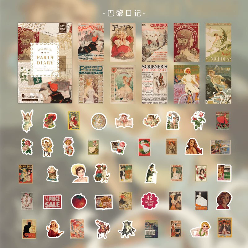 Paper Sticker Set Paris Diary Series, Retro INS Designs, 55 pcs, 12 Models (14×10×1.5 cm)