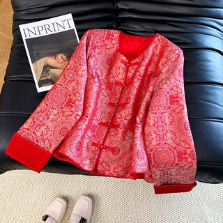 实拍新中式国潮东方古典缎面提花盘扣汉服小圆领拼接长袖改良上衣
