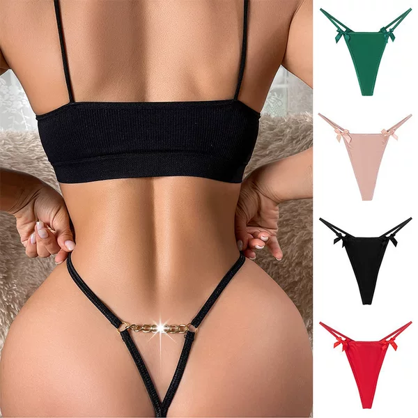 Sexy Intimates with Bow, European and American Sexy Thong, Women's Metal Chain Temptation, European and American Sexy Thong