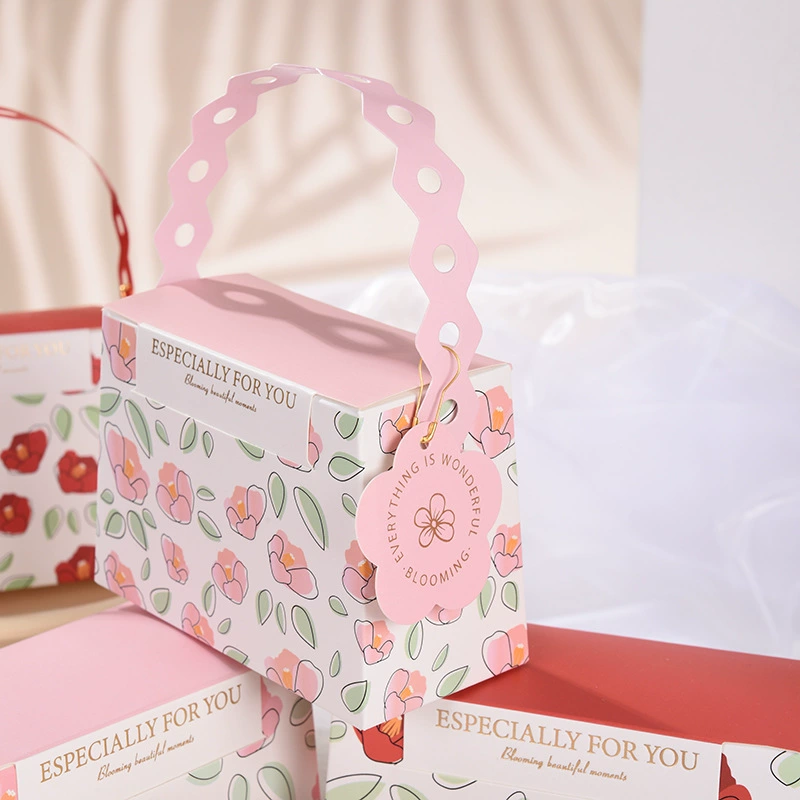 Gift Box Floral Handheld, Small & Large with Hanging Card, Red/Pink Flowers, Compact Sizes