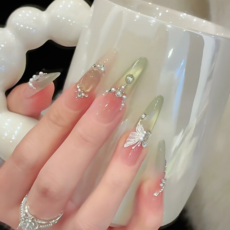 Yuanxi Qingjian Butterfly Dance Pure Handmade Wearable Nails, Transparent Gradient Cat Eye Green, Long Wedding Nail Pieces