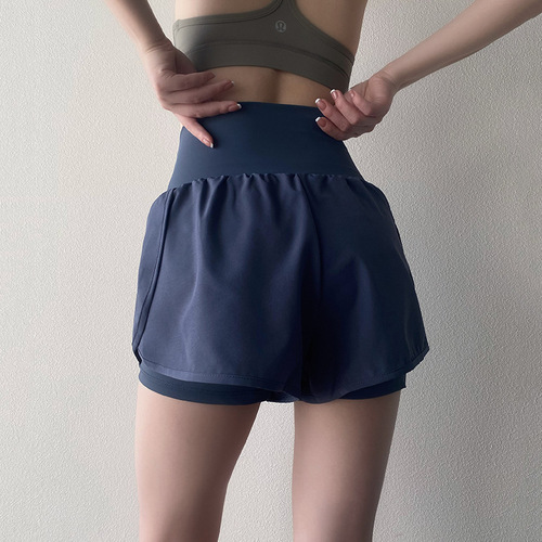 High-waist cinching exercise shorts for women, outerwear, anti-transparency pockets, quick-drying, loose, faux two-piece fitness yoga pants for summer