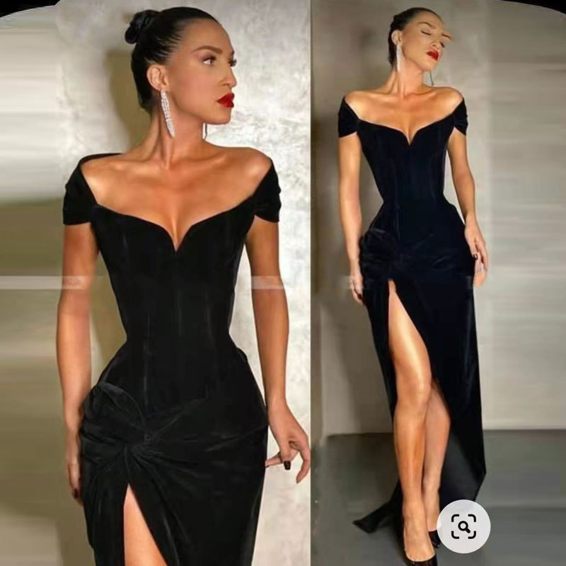Comercio exterior de Europa y América Amazon AliExpress deseo nuevo vestido de cena escote en V vestido de cola de pescado negro simple