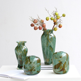 New Chinese Style Gradient Green Pattern Vintage Glass Vase Simple Countertop Dining Table Living Room Hallway Soft Home Decoration