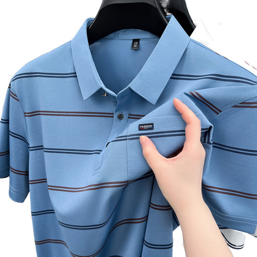 Summer new style lapel ice silk short-sleeve POLO shirt men's stripe true pocket middle-old casual t-shirt shirt top men