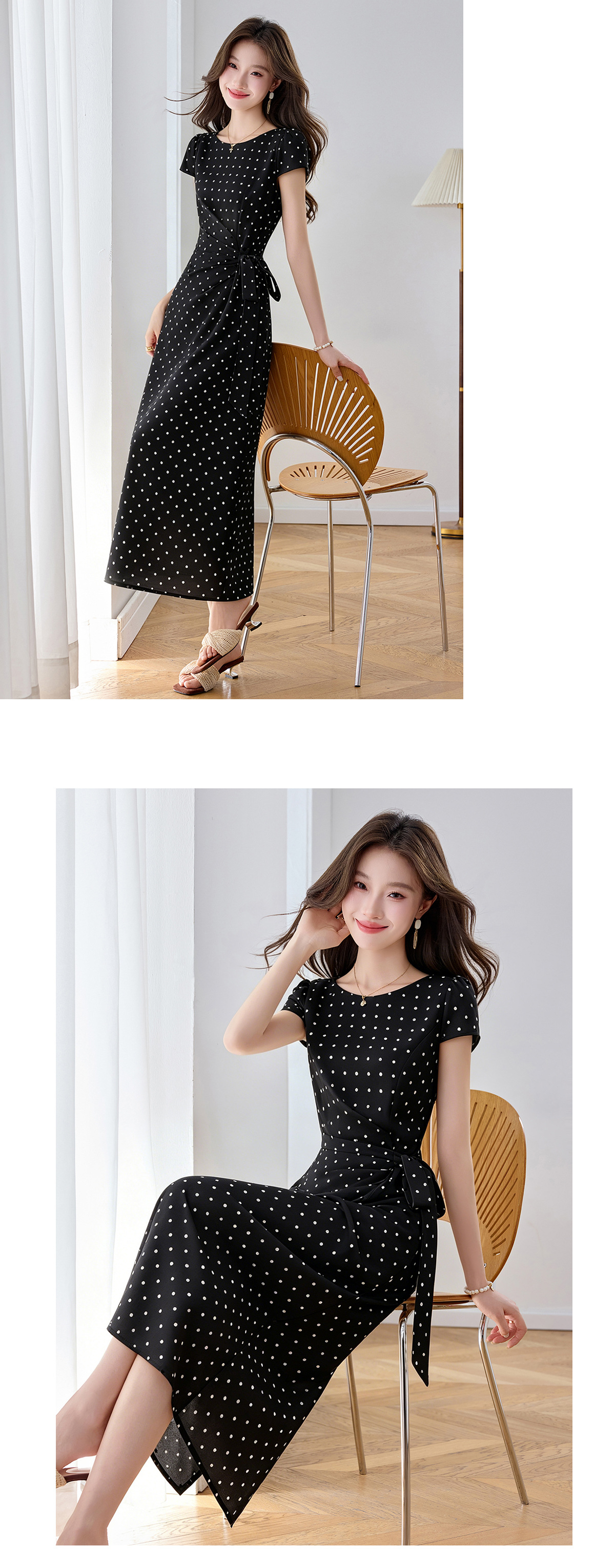 Đầm maxi nữ thắt eo tay ngắn họa tiết chấm bi phong cách nghỉ dưỡng — màu đen, màu trắng chi tiết 22