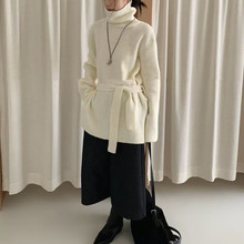 设计感超好看气质蓝色中长款高领毛衣女秋冬韩系收腰显瘦针织加厚