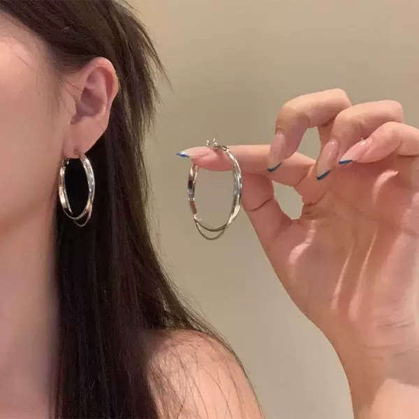 2026 Double-Layer Hoop Earrings with 999 Silver Needles, High-End and Elegant Large Hoop Earrings, Popular Style