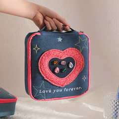 Hisocute original girly square portable cosmetic bag embroidered denim love storage bag large capacity toiletry bag