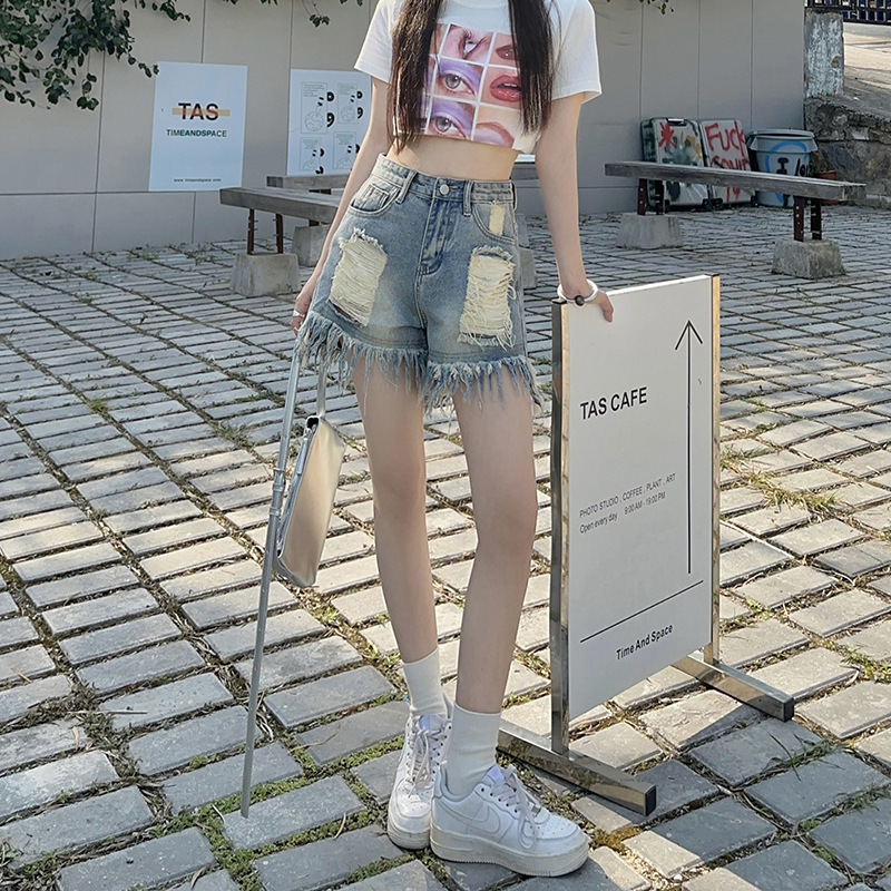 랩 된 데님 반바지 여성용 INS 스타일 한국식 하이 스트리트 루즈 와이드 레그 술 액자 높은 허리 찢어진 A 자형 핫 팬츠