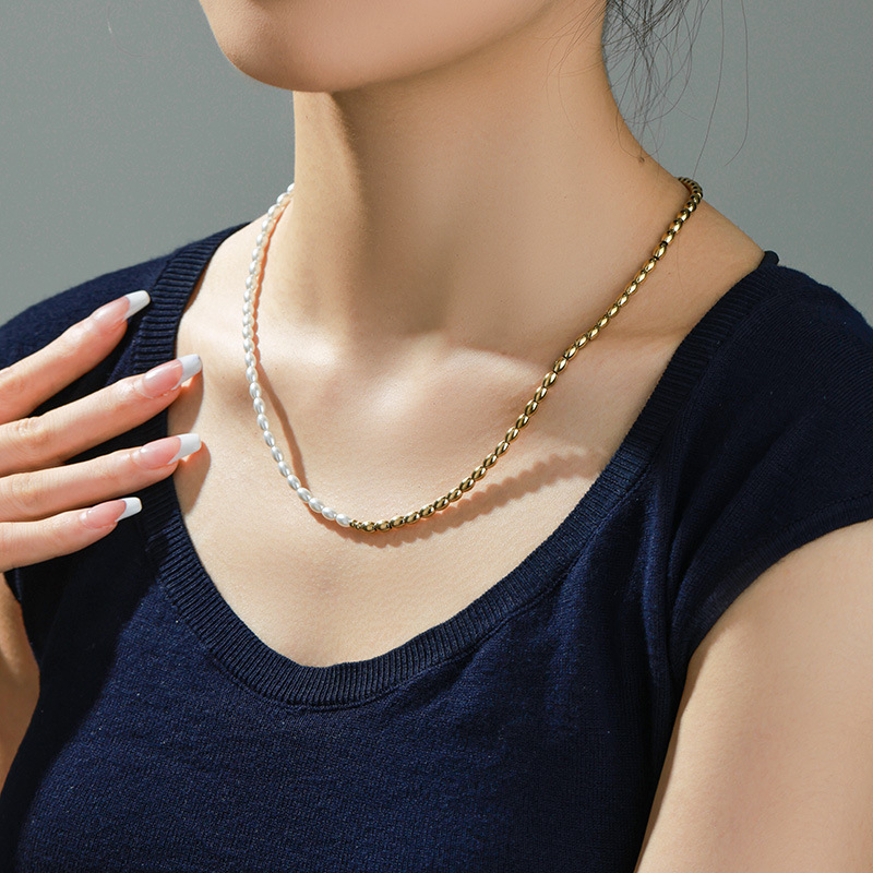 Xuping joyería de acero inoxidable cuentas de perlas collar de perlas de otoño y invierno de alta calidad sencillo arroz cuentas oval cadena de mujeres