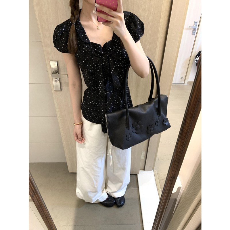 法式复古波点蝴蝶结短袖衬衫女夏季设计感小众修身显瘦泡泡袖上衣|undefined