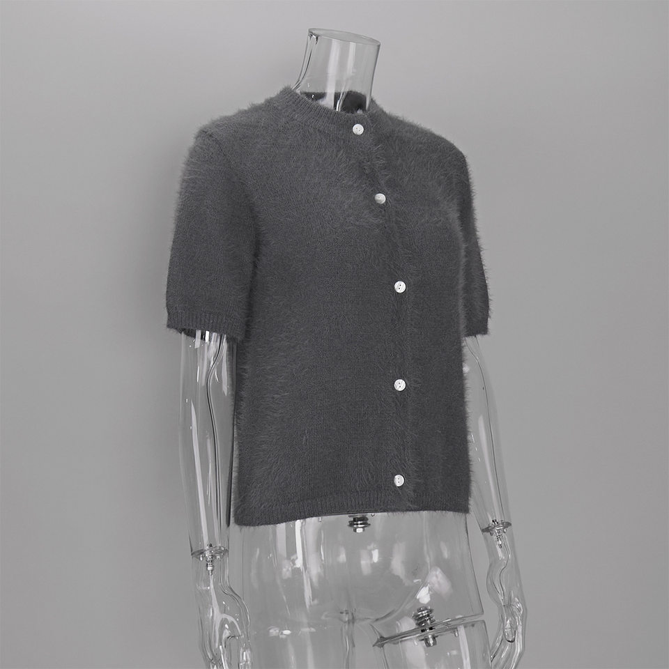 Áo cardigan dệt kim tay ngắn cổ bán cao ôm dáng phong cách retro — Màu hồng, Màu hồng cánh sen, Màu trắng, Màu tím chi tiết 39