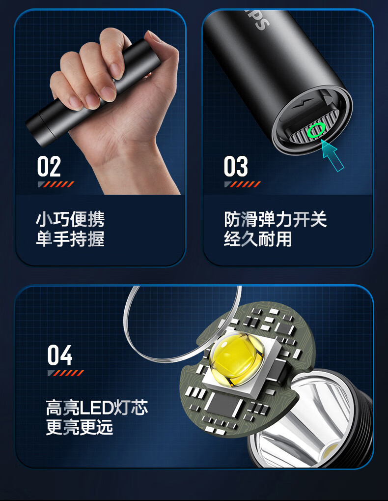 Philips Metal Flashlight Strong Light Long-range Long-life Charging Portable Home Outdoor Emergency SFL2202