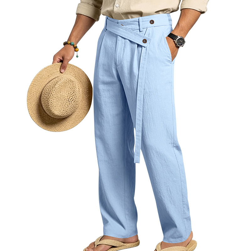 Men's Solid Color Linen Pants Simple Loose Fit High End Straight Leg Casual Midweight Polyester Long Trousers_viptrois.com