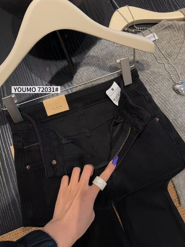 YOUMO有陌72031黑色四面弹牛仔喇叭长裤女秋季韩版百搭显瘦筒喇裤|undefined