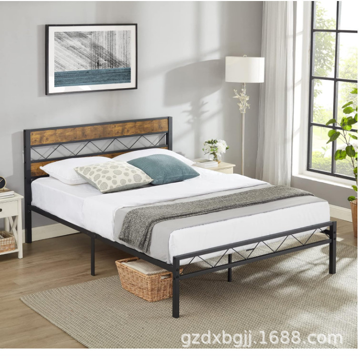 Cross-Border Customized Queen Size Bed Frame, Metal Frame Bed Body, Single and Double Bed Frame, Iron and Wood Bed, Popular American Double Bed