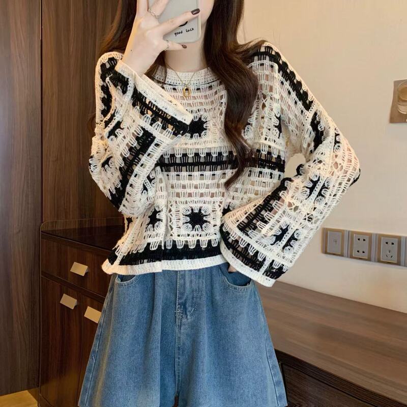 Bohemian Vintage Vacation Style Small Shirt Hollow Crochet Short Knitted Top Women's Spring and Summer Long Sleeve Sunscreen Blouse