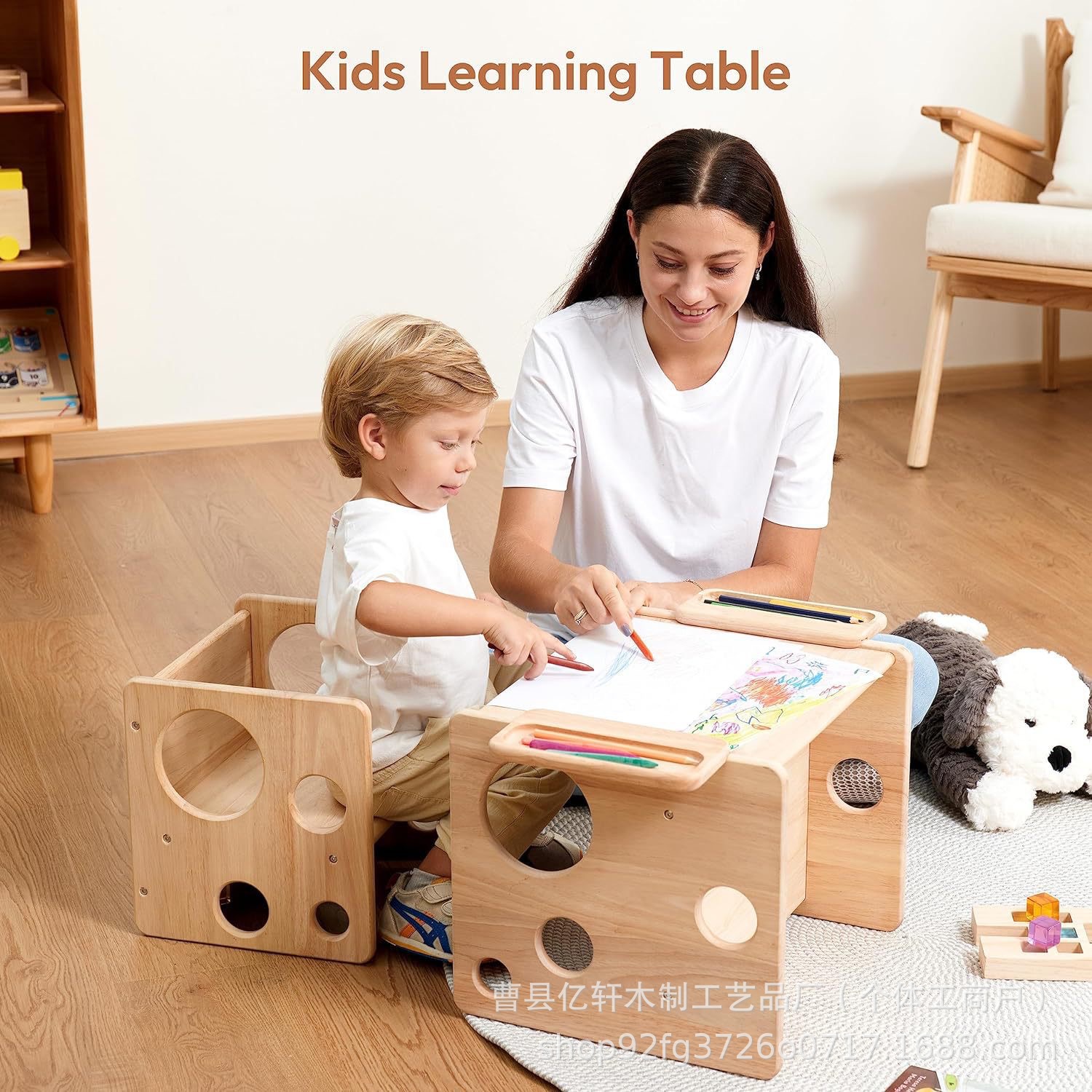 Children's highchair from natural wood for early age for home use