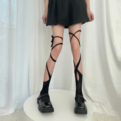 Irregular cross strap socks ins niche sweet and cool hot girl lace fishnet stockings mid-calf half-cut over-the-knee socks split toe socks