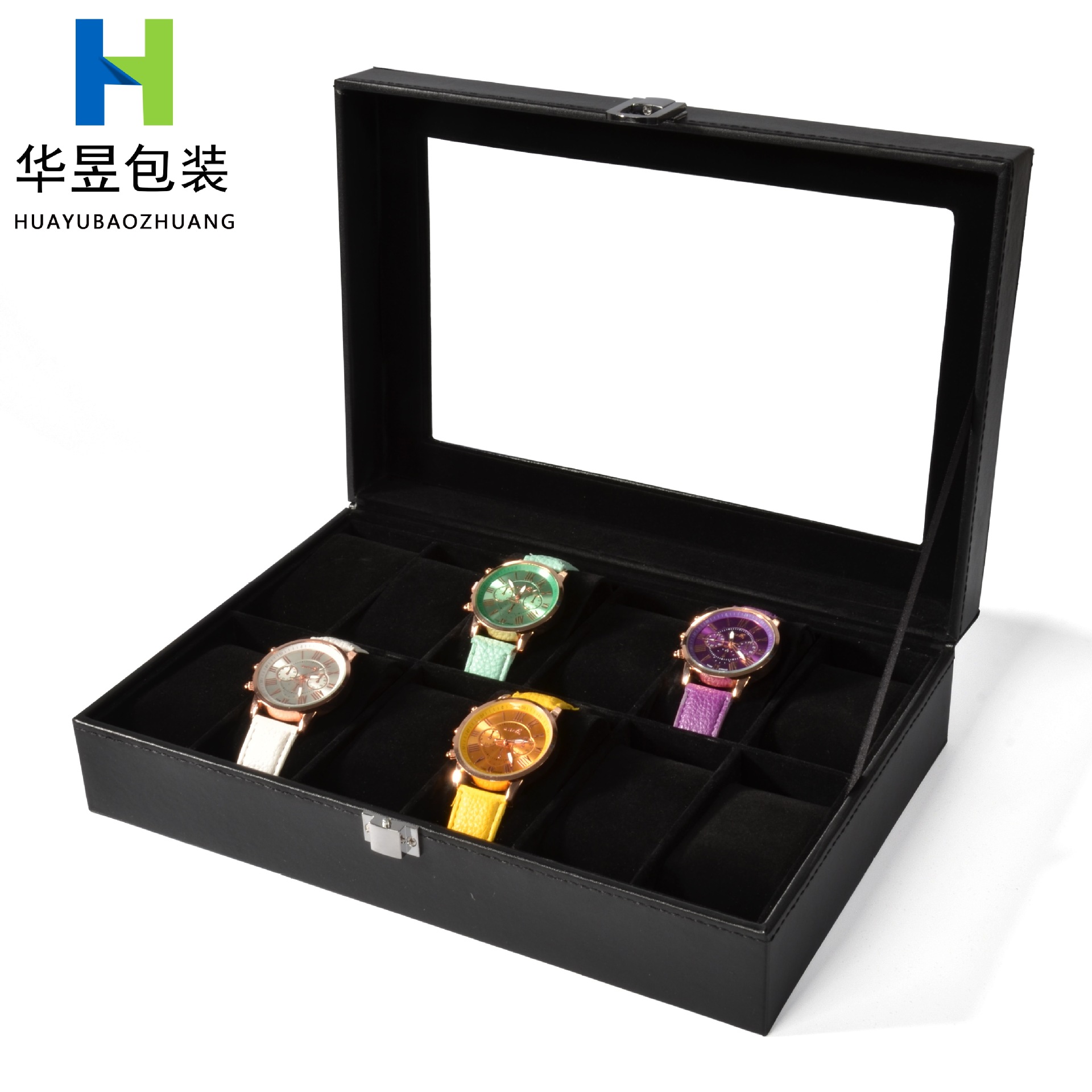 新款手表收纳盒现货批发12位全黑色木质pu皮Watch box 手表展示盒
