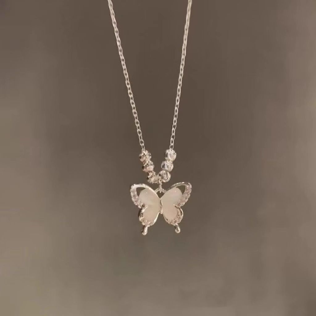Cold Wind Ice Penetration Cat's Eye Stone Butterfly Necklace Exquisite High Color Value with Skirt Clavicle Chain for Women