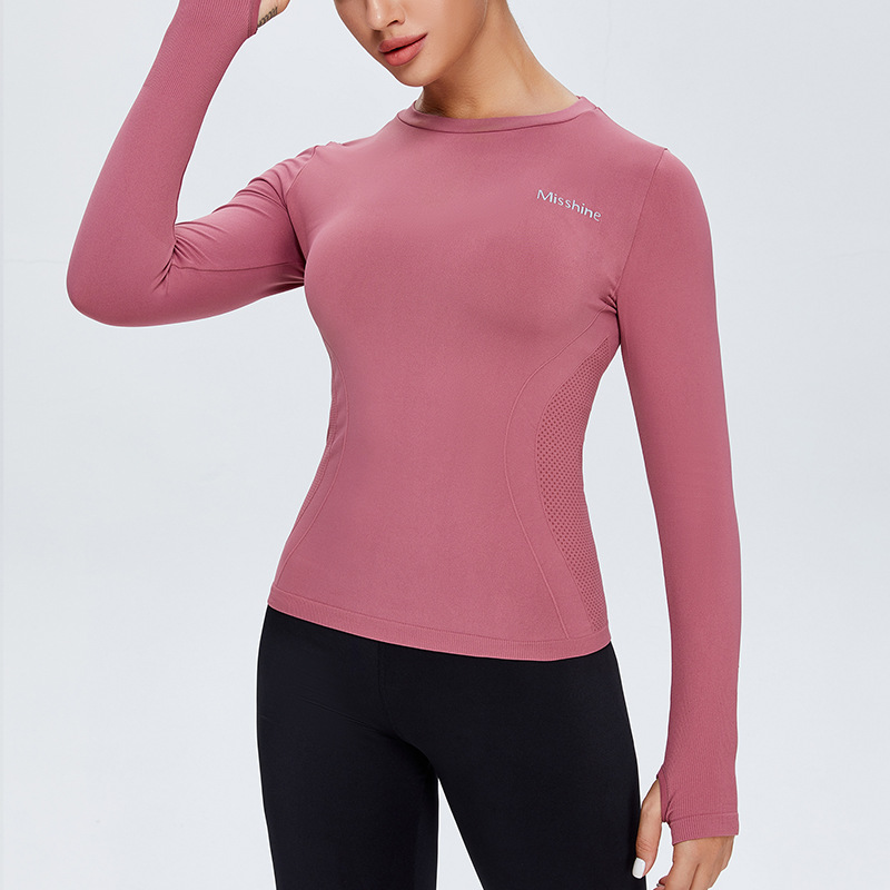 Ropa de yoga sin costuras transfronteriza europea y americana de las mujeres slim fit yoga deportes Top manga larga apretada ropa de fitness desnuda