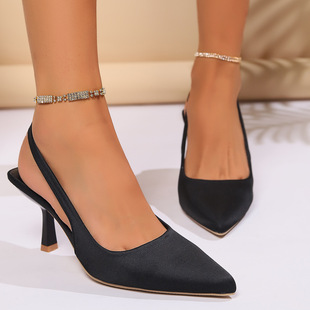 2025 Spring New Fashion Large Size Women's Shoes One-Line Buckle Strap Stiletto Slip-On High Heel Baotou Back Hollow Sandals