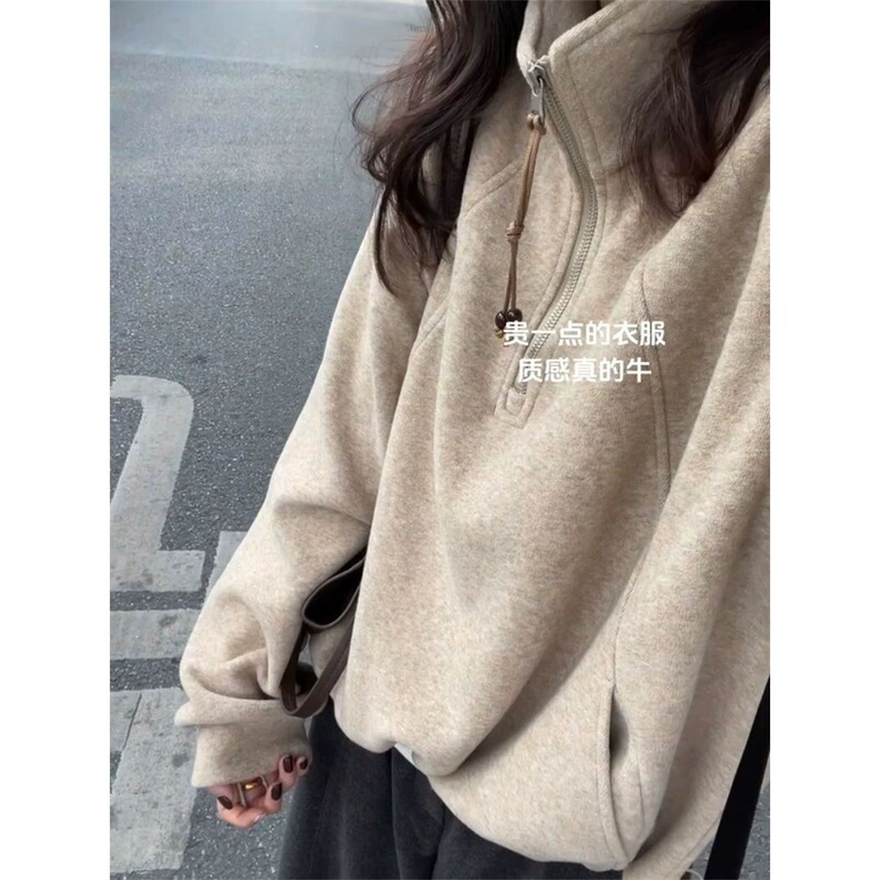 Huixingda Winter Thickened Korean Style Casual Sweatshirt for Women, High Collar, Loose Fit, Versatile Zipper Jacket with Fleece Lining Huixingda Winter Thickened Korean Style Casual Sweatshirt for Women, High Collar, Loose Fit, Versatile Zipper Jacket with Fleece Lining