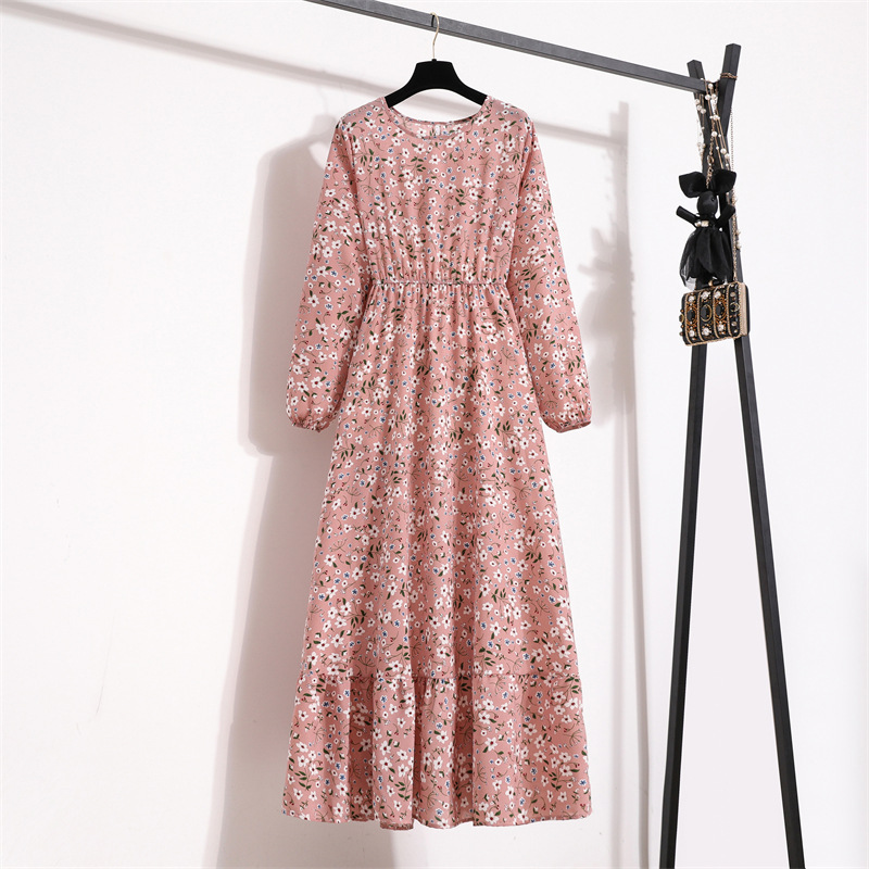 Women's Spring High-Waisted Long Dress, Vintage Chiffon Floral Print, Round Neck, Long-Sleeved Long Dress, High-Waisted and Slimming