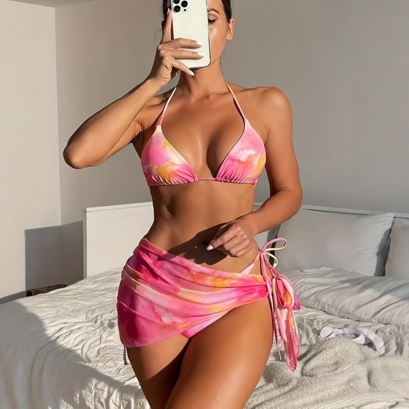 跨境2025欧美泳衣分体三件套裙式扎染ins风速卖通跨境比基尼泳装