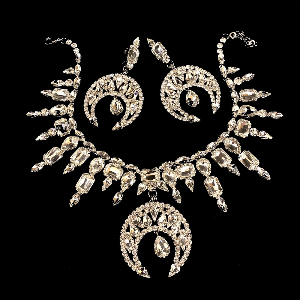 Transfronterizo nuevo traje de diamantes de imitación personalidad europea y americana exagerada Luna pendientes collar completo diamante traje conjunto de joyas